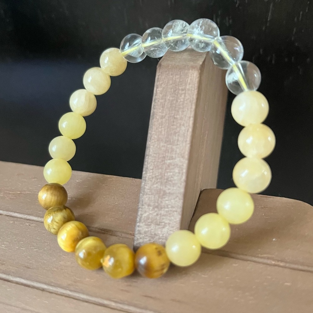 Calcite, Tiger’s Eye & Quartz Natural Stone Crystal 8mm Beaded Stretch Bracelet